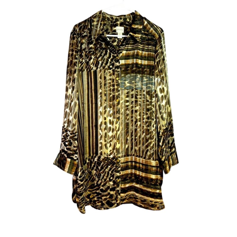 Chicos Gold Metallic Animal Print Sheer Tunic Button Up Shirt Size Large LL0732